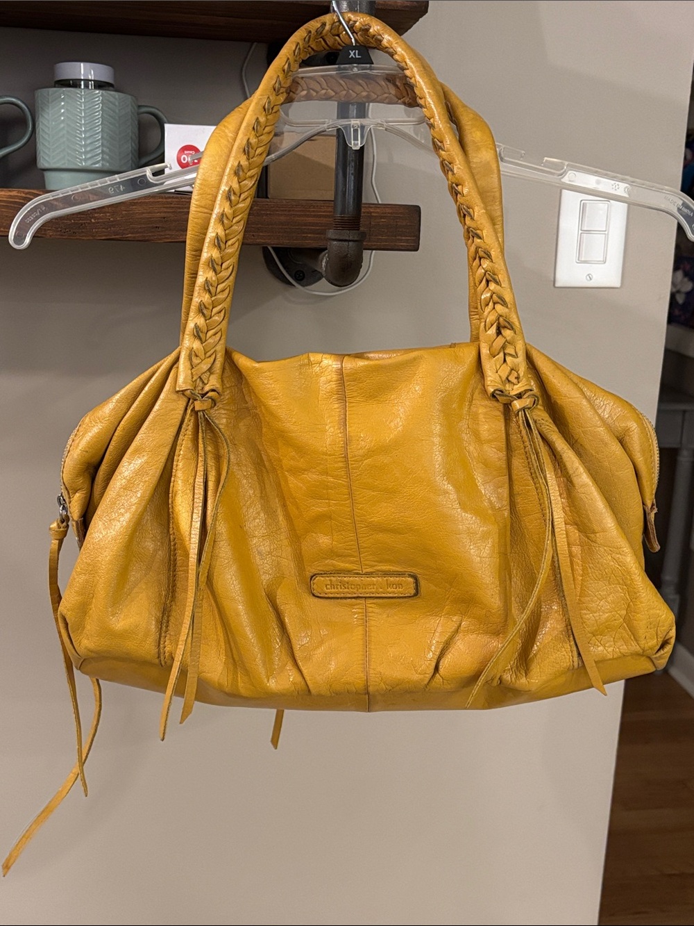 Christopher Kon Leather Shoulder Bag Braided Handles Slouchy Boho Purse Large